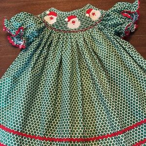 Classic Whimsy Smocked Santa’s with Green Dots Christmas Dress